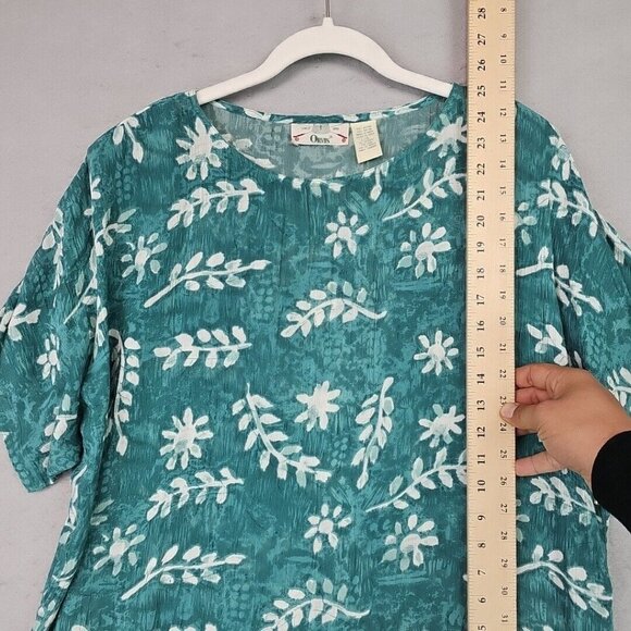 Vintage 90s Orvis Top Womens L Aqua Floral Shoulder Pads Travel Shirt 100% Rayon - Picture 4 of 7